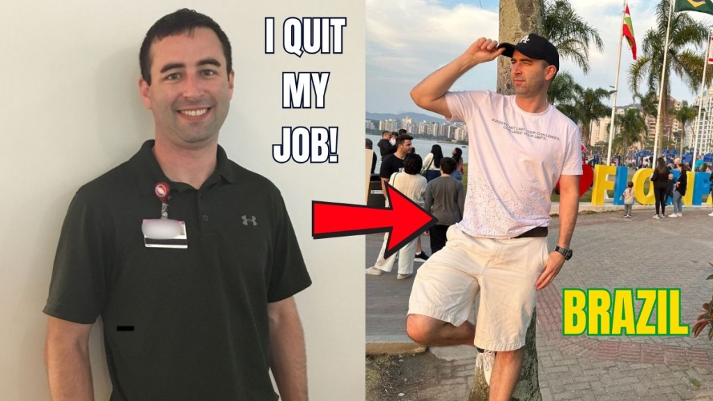 Featured image for 5 Easy Steps To Quit The 9-5 blog article. Features Eric James of Foreign Option in 2018 in his corporate office job cubicle, and then in 2024 traveling in Florianopolis, Brazil.