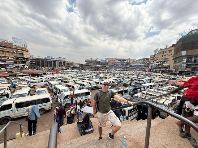 Eric Claggett in Kampala, Uganda at the chaotic taxi waiting area. 