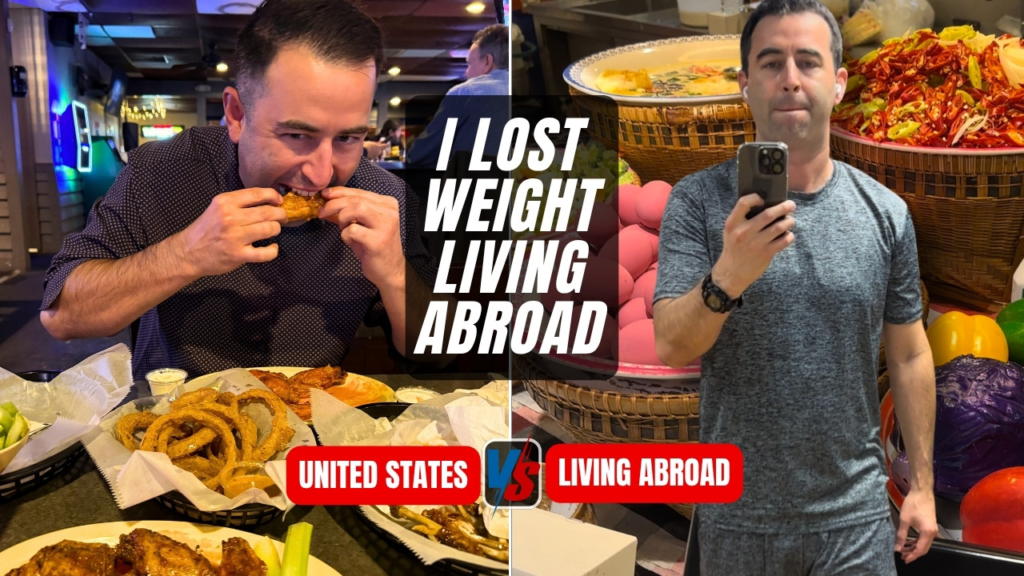 Featured image for blog post about How I lost weight from living abroad. Author eating chicken wings in the U.S. vs pic of author having lost weight.