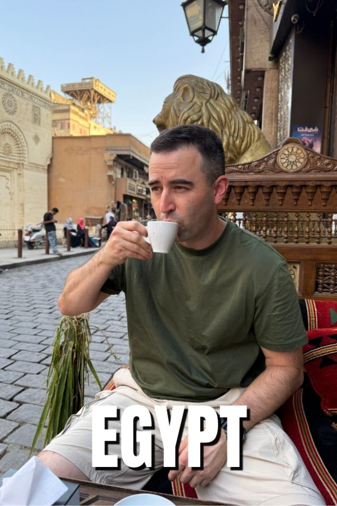 American expat visits downtown Cairo, Egypt and has a cafe latte at a restaurant.