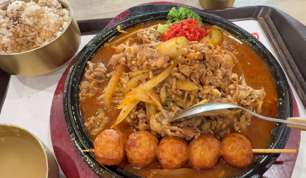 Beef, veggies, and rice meal in Taipei Taiwan.